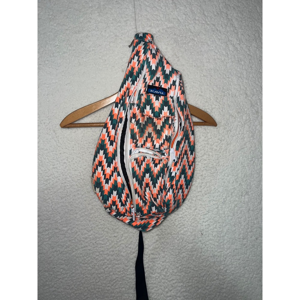 KAVU Rope Bag Geometric Chevron Print Orange Teal Canvas Sling Backpack